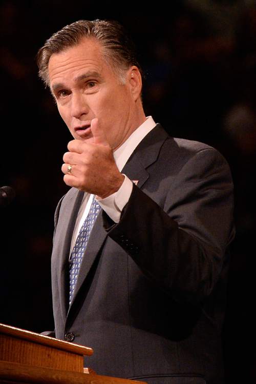Al Hartmann  |  Tribune file photo
Mitt Romney spoke about the economy to a Utah audience Wednesday night in downtown Salt Lake City. Romney, who is leading most polls for 2016 GOP presidential candidates, has not said whether he will launch another White House bid.