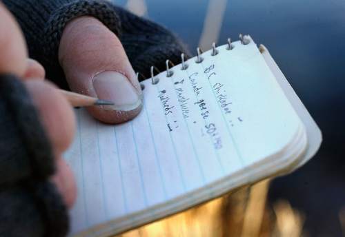 Scott Sommerdorf  |  The Salt Lake Tribune             
Birder Duane Smith records the birds he's spotted near Jordanelle Reservoir in a samll notebook during the 112th annual Audubon Christmas Bird Count. Counts are being held across the state, Saturday, December 17, 2011.