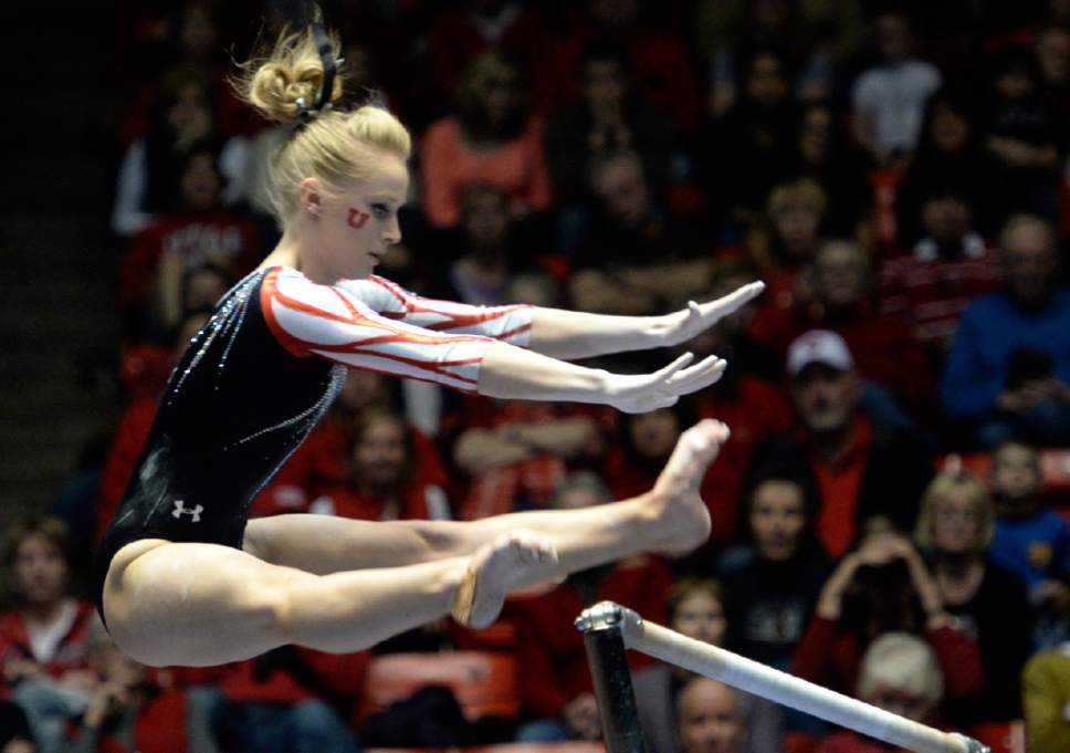 Rick Egan  | The Salt Lake Tribune 

Georgia Dabritz performs on the bars for the Utes, in gymnastics action, Utah vs. Oregon State, at the Huntsman Center, Saturday, February 22, 2014.