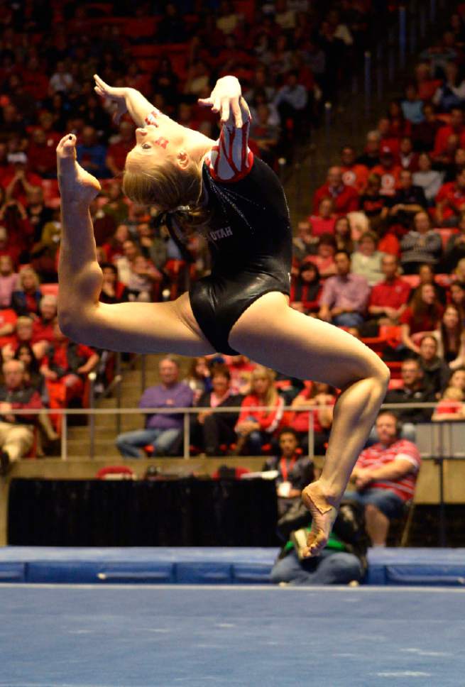 Rick Egan  | The Salt Lake Tribune 

Georgia Dabritz performs on the floor for the Utes, in gymnastics action, Utah vs. Oregon State, at the Huntsman Center, Saturday, February 22, 2014.