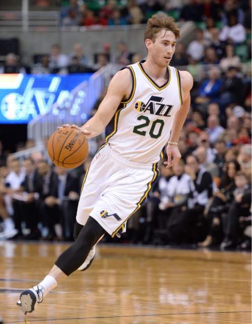 Steve Griffin  |  The Salt Lake Tribune

Utah Jazz forward Gordon Hayward (20) looks to drive into the lane during first half action in the Jazz versus Spurs game at EnergySolutions Arena in Salt Lake City, Tuesday, December 9, 2014.