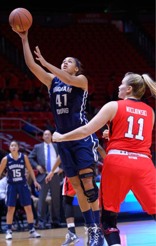 Leah Hogsten  |  The Salt Lake Tribune
Brigham Young Cougars forward Morgan Bailey (41) for two. The University of Utah lost to  Brigham Young University 60-56, Saturday, December 13, 2014 at the Jon M. Huntsman Center.