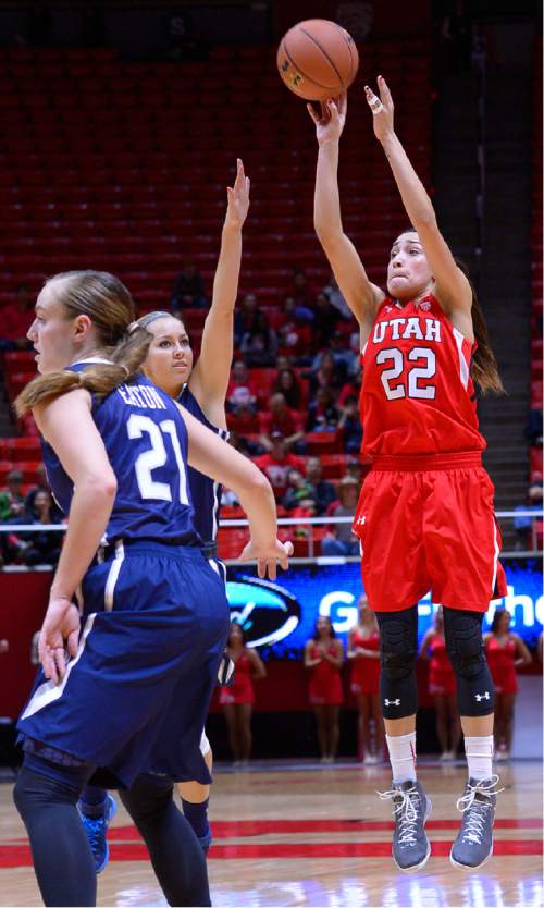 Leah Hogsten  |  The Salt Lake Tribune
Utah Utes guard Danielle Rodriguez (22) hits a three. The University of Utah trail Brigham Young University 32-29, Saturday, December 13, 2014 at the Jon M. Huntsman Center.