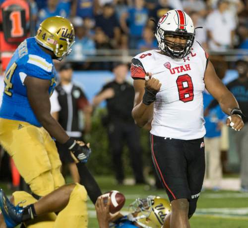 Rick Egan  |  The Salt Lake Tribune

Utah Utes defensive end Nate Orchard (8) celebrates a quarterback sack in Pac 12 action Utah vs. UCLA, at the Rose Bowl in Pasadena, Saturday, October 4, 2014. Orchard is one of 20 semifinalists for the Bednarik Award, reserved for college football's best defensive player.