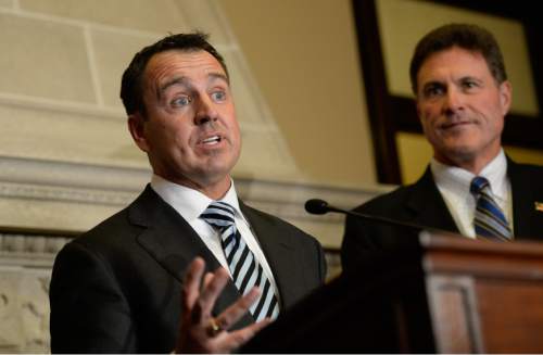 Francisco Kjolseth  |  The Salt Lake Tribune
The House Republicans choose Rep. Greg Hughes, left, as the new House Speaker during a closed election meeting at the Utah State Capitol on Thursday, Nov. 6, 2014. At right is house speaker Rep. James Dunnigan.