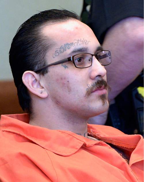 Al Hartmann  |  The Salt Lake Tribune 
David Fresques, charged with aggravated murder for allegedly killing three people at a Midvale home in February 2013 appears in Judge Mark Kouris'  court in West Jordan for his preliminary trial Thursday February 6.