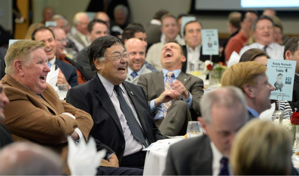 Francisco Kjolseth  |  The Salt Lake Tribune
Elected office-holders and political officials gather to honor the career and retirement of Salt Lake County Councilman Randy Horiuchi at an event that included a video tribute and remarks by Utah Governor Gary Herbert plus the announcement of the Randy Horiuchi Political Fellowship at Westminster College where Horiuchi has been an adjunct professor in presidential election years.