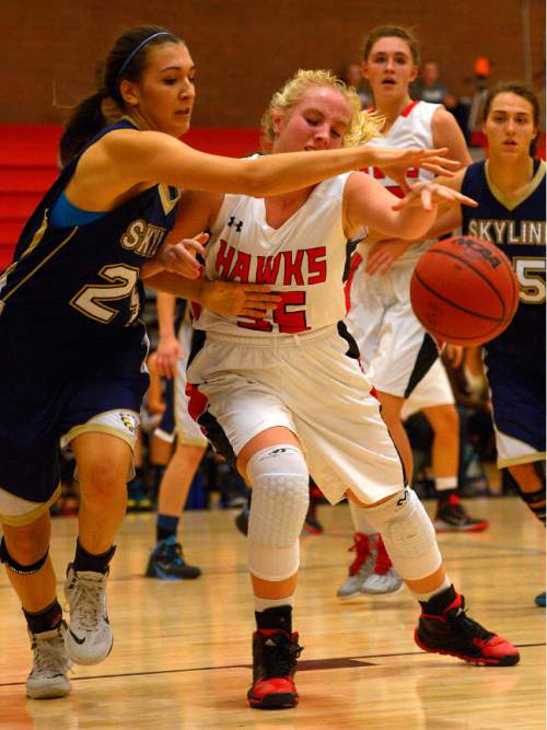 Leah Hogsten  |  The Salt Lake Tribune
Skyline's Olivia Elliss pressures Alta's Sierra McNicol. Alta High School girls basketball team defeated Skyline High School,  47-41, Tuesday, December 16, 2014 at Alta.