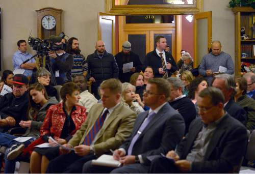 Leah Hogsten  |  The Salt Lake Tribune
Salt Lake City residents express their concerns about the prison relocation to Mayor Ralph Becker and other legislators, Tuesday, December 16, 2014 at the City and County Building.