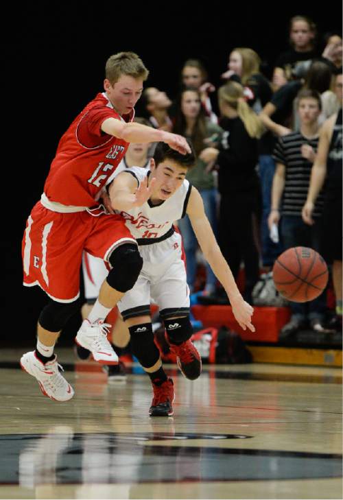 Francisco Kjolseth  |  The Salt Lake Tribune
East High's Haydan Banz battles Henry Munson of West High in the Panthers Classic tournament between the two rival schools at West.