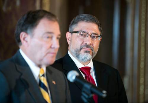 Lennie Mahler  |  The Salt Lake Tribune
Judge Constandinos Himonas listens as Gov. Gary Herbert speaks to the media during a press conference announcing Himonas' nomination to the Utah Supreme Court, Thursday, Dec. 18, 2014, at the Utah State Capitol.
