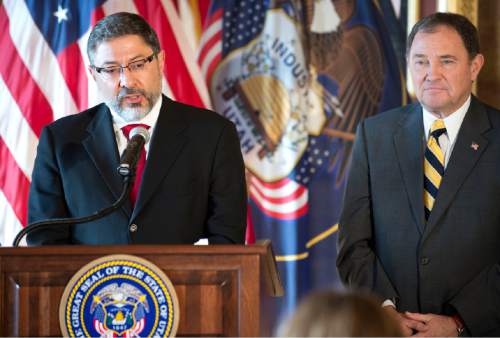Lennie Mahler  |  The Salt Lake Tribune
Judge Constandinos Himonas speaks to the media with Gov. Gary Herbert at a press conference announcing his nomination to the Utah Supreme Court, Thursday, Dec. 18, 2014, at the Utah State Capitol.