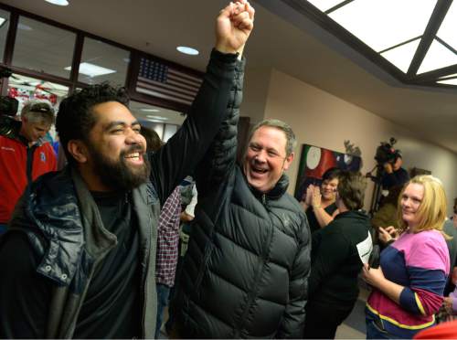 Keith Johnson | The Salt Lake Tribune

Brian Morris, right, and his new husband Noni Blake celebrate after they were married by Salt Lake City mayor Ralph Becker outside the Salt Lake County clerks office, Friday, December 20, 2013. A federal judge in Utah Friday struck down the state's ban on same-sex marriage, saying the law violates the U.S. Constitution's guarantees of equal protection and due process.