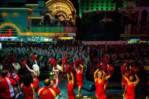 Chris Detrick  |  The Salt Lake Tribune
Members of the Utah Spirit Squad dance during the Fremont Street Experience Pep Rally in Las Vegas Friday December 19, 2014.