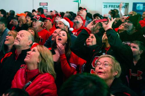 Chris Detrick  |  The Salt Lake Tribune
Utah fans cheer as they watch highlights of the football team on the overhead screen during the Fremont Street Experience Pep Rally in Las Vegas Friday December 19, 2014.