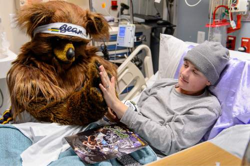 Trent Nelson  |  The Salt Lake Tribune
Sean Backlund high-fives Bear, the mascot of the Utah Jazz, during a visit by Jazz players to Primary Children's Medical Center in Salt Lake City, Thursday December 11, 2014.