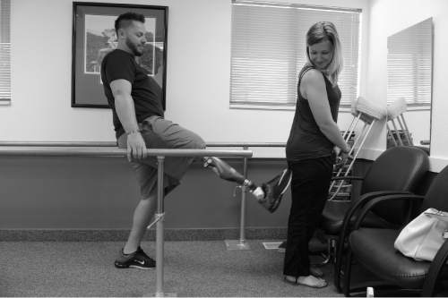 Scott Sommerdorf   |  The Salt Lake Tribune
Bryant playfully tries out the performance of he new leg at Northwest Orthotics and Prosthetics in Provo, Thursday, June 19, 2014.