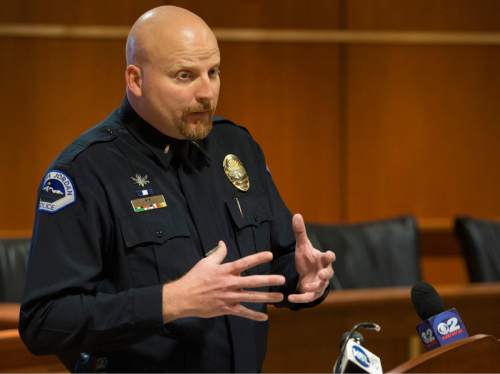 Rick Egan  |  The Salt Lake Tribune

Lt. Jason Knight,  South Jordan Police Department speaks during a press conference releasing the findings of the Salt Lake County District Attorney's Office of the officer involved shooting that took place on Saturday, Nov. 22. at the South Jordan City Hall, Monday, December 22, 2014