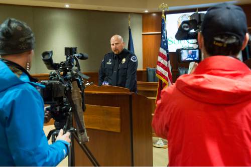 Rick Egan  |  The Salt Lake Tribune

Lt. Jason Knight,  South Jordan Police Department speaks during a press conference releasing the findings of the Salt Lake County District Attorney's Office of the officer involved shooting that took place on Saturday, Nov. 22. at the South Jordan City Hall, Monday, December 22, 2014