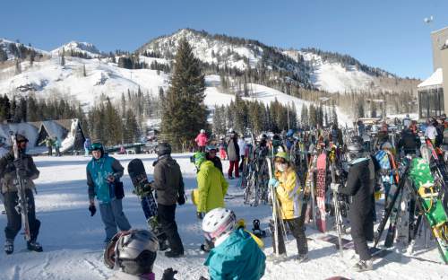Al Hartmann  |  The Salt Lake Tribune
Skiers and snowboarders enjoyed a blue sky and fresh snow at Brighton Ski Resort Tuesday Dec. 23.  The holiday ski season really got underway with school out and new snow from the weekend storms.