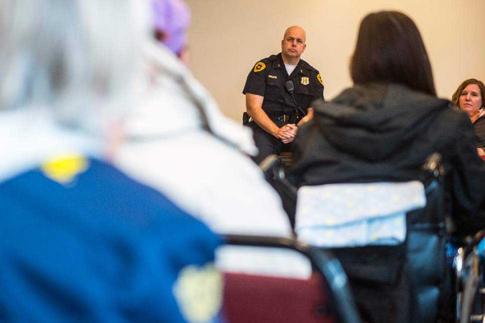 Chris Detrick  |  The Salt Lake Tribune
Metro Support Deputy Chief Fred Ross leads a discussion during a women's support meeting at Salt Lake City Police Department's Metro Support Resource Center, 420 W. 200 South, Tuesday, Dec. 16, 2014. The meetings are held every Tuesday at 1 p.m. for women and every Thursday at 1 p.m. for men.