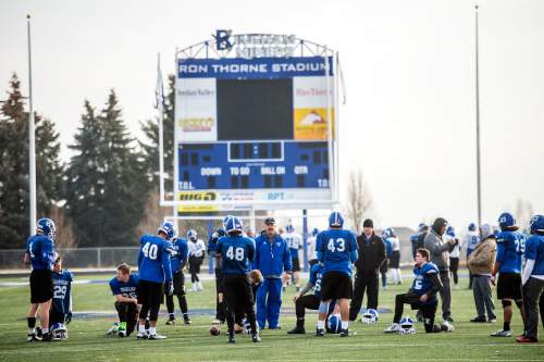 Chris Detrick  |  The Salt Lake Tribune
Members of the Bingham High School football team practice Wednesday December 17, 2014. Bingham will compete in the State Champions Bowl Series December 27th at Florida Atlantic University.