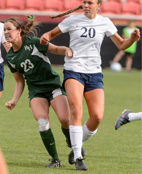 Trent Nelson  |  The Salt Lake Tribune
Rowland Hall's Jessica Sterrett (23) runs into Waterford's Grace Sponaugle (20)  as Rowland Hall defeats Waterford in the 2A girls' high school soccer state championship game at Rio Tinto Stadium in Sandy, Saturday October 25, 2014.