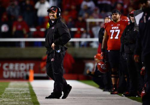 Scott Sommerdorf   |  The Salt Lake Tribune
Utah head coach Kyle Whittingham looks at the play late in the fourth quarter as Utah's offense was sputtering. Utah lost 28-27 to Washington State, Saturday, September 27, 2014.