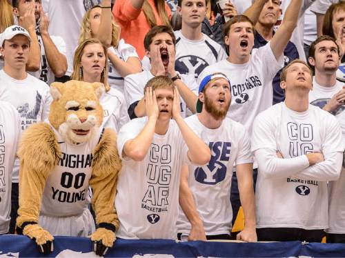 Trent Nelson  |  The Salt Lake Tribune
BYU fans react to the loss, as BYU hosts Gonzaga, men's college basketball at the Marriott Center in Provo, Saturday December 27, 2014.