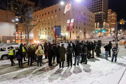 Trent Nelson  |  The Salt Lake Tribune
Approximately sixty people braved the cold weather for a protest against police brutality in Salt Lake City, Wednesday December 31, 2014.