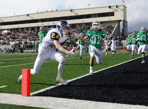 Scott Sommerdorf  |  The Salt Lake Tribune
Summit Academy RB Steven Harp reaches the ball over the goal line for a TD after the Bears recovered a fumble on Summit's first play from scrimmage. South Summit led Summit Academy 21-6 at the half, Friday, November 14, 2014.