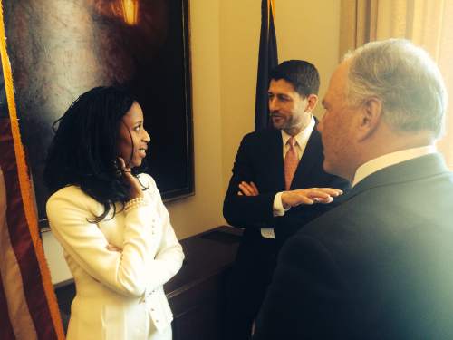 Thomas Burr  |  The Salt Lake Tribune
Rep. Mia Love, R-Utah, chats with Rep. Paul Ryan, R-Wisc., and Ron Rasband, senior president of the Quorums of the seventy of the LDS Church in her office on Tuesday. Love was sworn in as Utah's newest House member and becomes the first black female Republican member of Congress.
