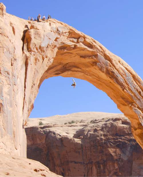 Brian Maffly | The Salt Lake Tribune 
BLM has announced a two-year ban on roped thrills at Corona Arch near Moab, which became the "world's largest rope swing" a few years ago after climbers figured out how to adapt climbing gear to set up a  250-foot pendulum ride under the arch.