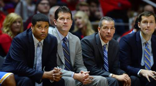 Steve Griffin  |  The Salt Lake Tribune


UCLA head coach Steve Alford, second from left, watches from the bench during first half action in the Utah versus UCLA men's basketball game at the Huntsman Center in Salt Lake City, Sunday, January 4, 2015.