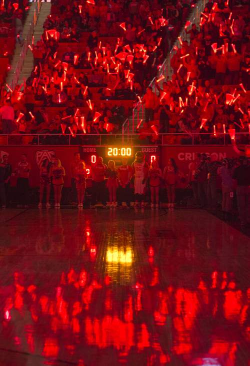 Steve Griffin  |  The Salt Lake Tribune


Fans wave glow sticks as the Utes are introduced during first half action in the Utah versus UCLA men's basketball game at the Huntsman Center in Salt Lake City, Sunday, Jan. 4, 2015.