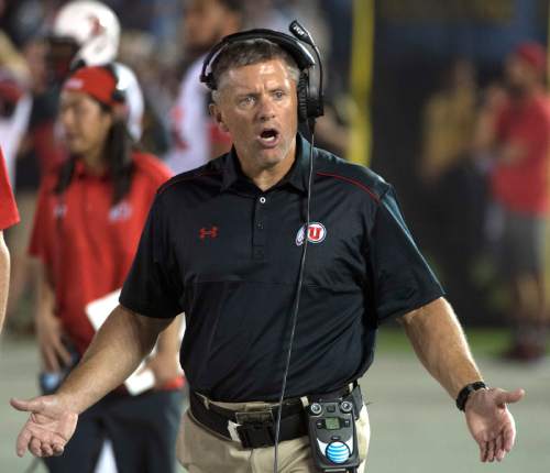 Rick Egan  |  The Salt Lake Tribune

Utah Utes head coach Kyle Whittingham tries to get his team motivated as the Bruins score late in the game. The Utes beat UCLA 30-28, in Pac 12 action, at the Rose Bowl, Saturday, October 4, 2014