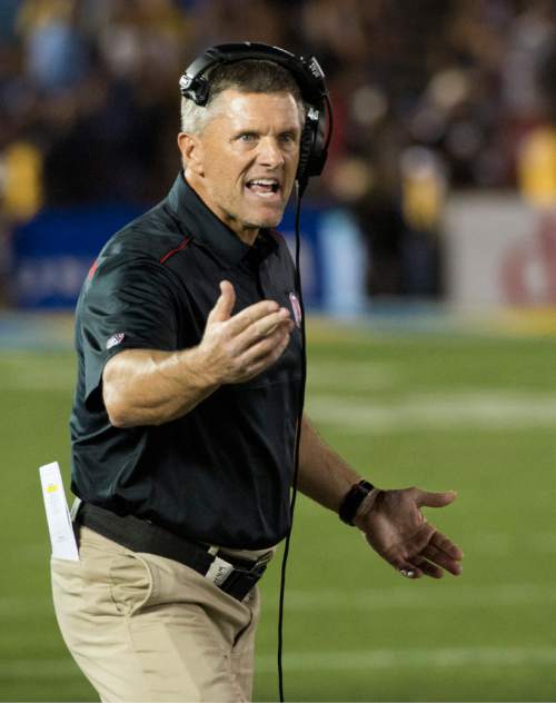 Rick Egan  |  The Salt Lake Tribune

Utah Utes head coach Kyle Whittingham pleads with the officials, after they rule that a roughing the kicker penalty will give UCLA a second chance to win the game, with no time remaining, in Pac 12 action Utah vs UCLA, at the Rose Bowl in Pasadena, Saturday, October 4, 2014