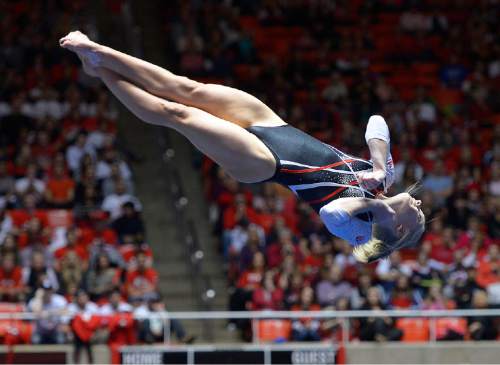 Scott Sommerdorf   |  The Salt Lake Tribune
Georgia Dabritz during her 9.975 floor exercise routine as the Utah Red Rocks beat Arizona 197.825 to 194.425, Friday, Feb. 7, 2014.