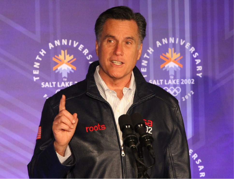 Rick Egan  | The Salt Lake Tribune 

Mitt Romney speaks to a group of former SLOC members in the Grande Hall at the Gateway Center, Saturday, February 18, 2012.