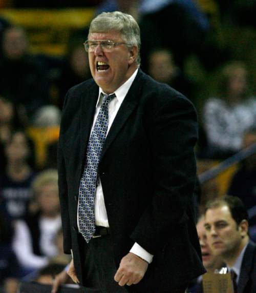 Logan -  USU head coach Stew Morrill screams from the sideline during second half action of the Utah State - UC Irvine basketball game at the Spectrum in Logan Tuesday  December 2, 2008.  Steve Griffin/The Salt Lake Tribune 12/2/08