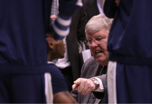 Leah Hogsten  |  The Salt Lake Tribune
Utah State Aggies head coach Stew Morrill during a timeout. Brigham Young University Cougars defeated Utah State University Aggies 70-68 in Provo, February 19, 2013.