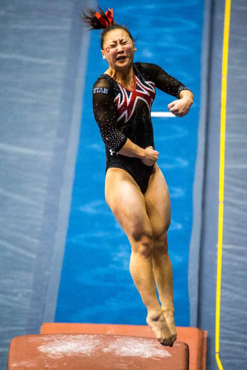 Chris Detrick  |  The Salt Lake Tribune
Utah's Corrie Lothrop competes on the vault during the gymnastics meet at the Marriott Center at Brigham Young University Friday January 9, 2015.