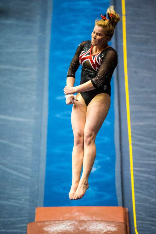 Chris Detrick  |  The Salt Lake Tribune
Utah's Tory Wilson competes on the vault during the gymnastics meet at the Marriott Center at Brigham Young University Friday January 9, 2015.  Wilson won the vault with a score of 9.925.