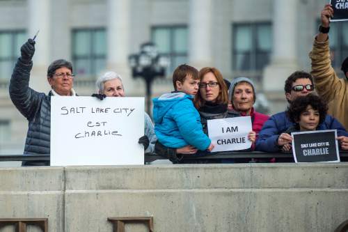 Chris Detrick  |  The Salt Lake Tribune
Members of the French community participate in a rally in support of the Parisian satirical magazine Charlie Hebdo at the Utah State Capitol Saturday January 10, 2015.