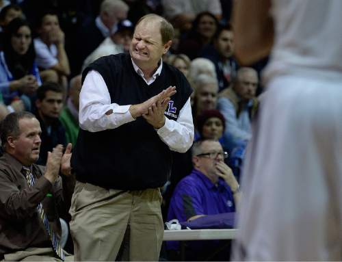 Scott Sommerdorf   |  The Salt Lake Tribune
Lehi head coach Bob Barnes reacts to an unpleasant play during the first half as Lone Peak battled back after a strong Lehi defense began the game. Lone Peak defeated lehi 84-72, Friday, January 9, 2015.