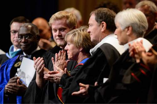 Trent Nelson  |  The Salt Lake Tribune
Deneece Huftalin receives a standing ovation after her inauguration as president of Salt Lake Community College in Taylorsville, Friday January 9, 2015.