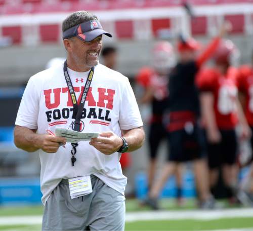 Al Hartmann  |  The Salt Lake Tribune 
Ute head football coach Kyle Whittingham runs practice at Ute football camp Wednesday August 13.