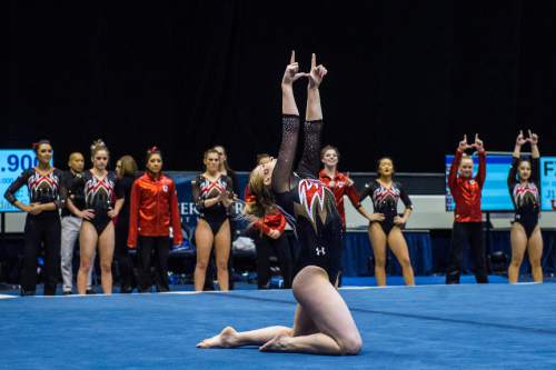 Chris Detrick  |  The Salt Lake Tribune
Utah's Tory Wilson competes on the floor during the gymnastics meet at the Marriott Center at Brigham Young University Friday January 9, 2015.  Wilson won the floor with a score of 9.900.