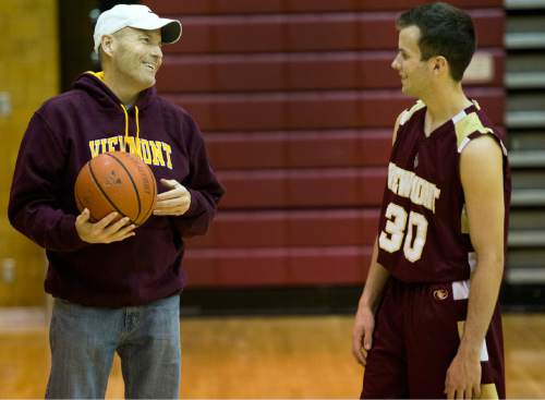 Rick Egan  |  The Salt Lake Tribune

Darin Richins chats with his son, Viewmont  basketball player, Josh Richins, in the Viewmont High Gym, Monday, December 15, 2014