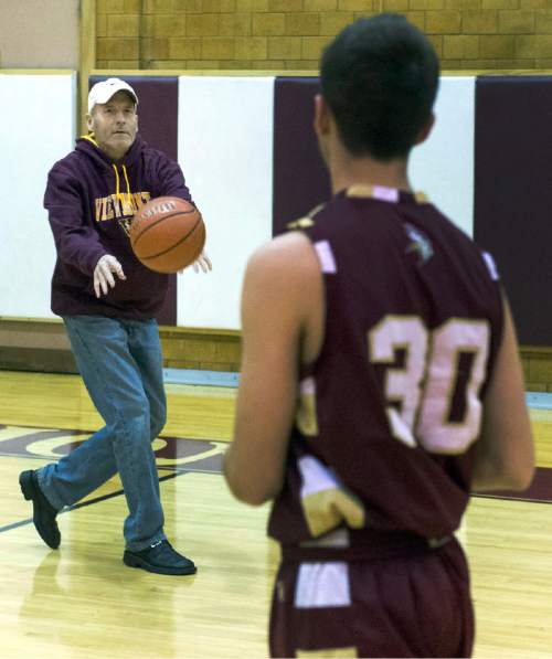 Rick Egan  |  The Salt Lake Tribune

Darin Richins rebounds the ball for his son, Josh Richins, in the Viewmont High Gym, Monday, December 15, 2014